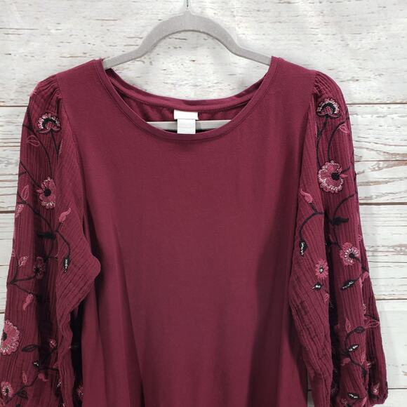 Chico's Women's Burgundy Floral Embroidery Long Sleeve Top Size 3 - Picture 4 of 12